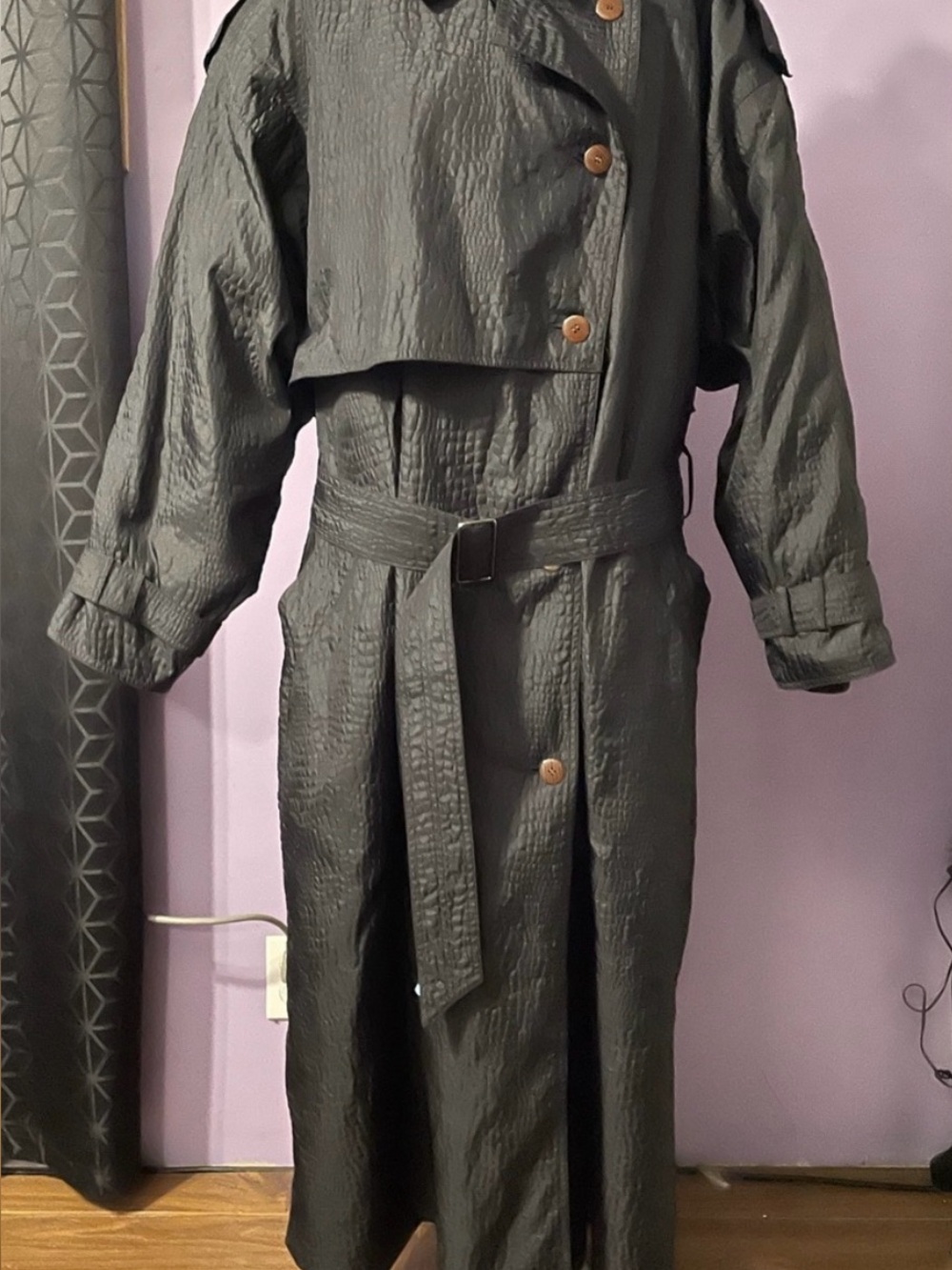 Vintage Textured Black Trench Coat with Belt by Liptons Canada